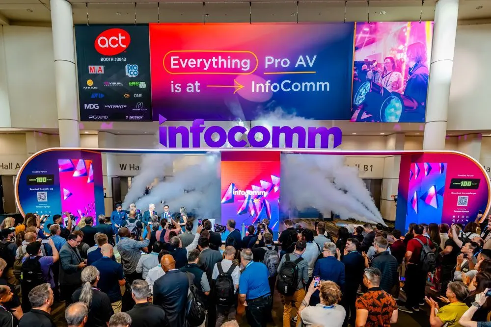 Main entrance of InfoComm 2026, the international event showcasing innovations in interactive displays, educational technology, and audiovisual solutions.
