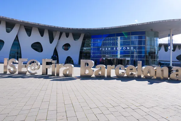 ISE @ Fira Barcelona sign on the forecourt at the venue entrance