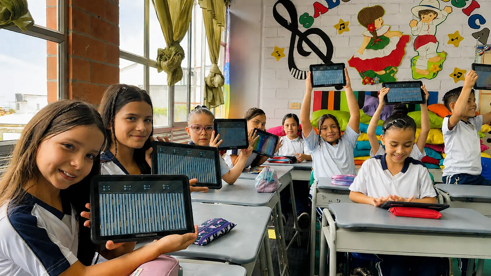 Students in a digital classroom in Colombia using AVACOM tablets during a music lesson